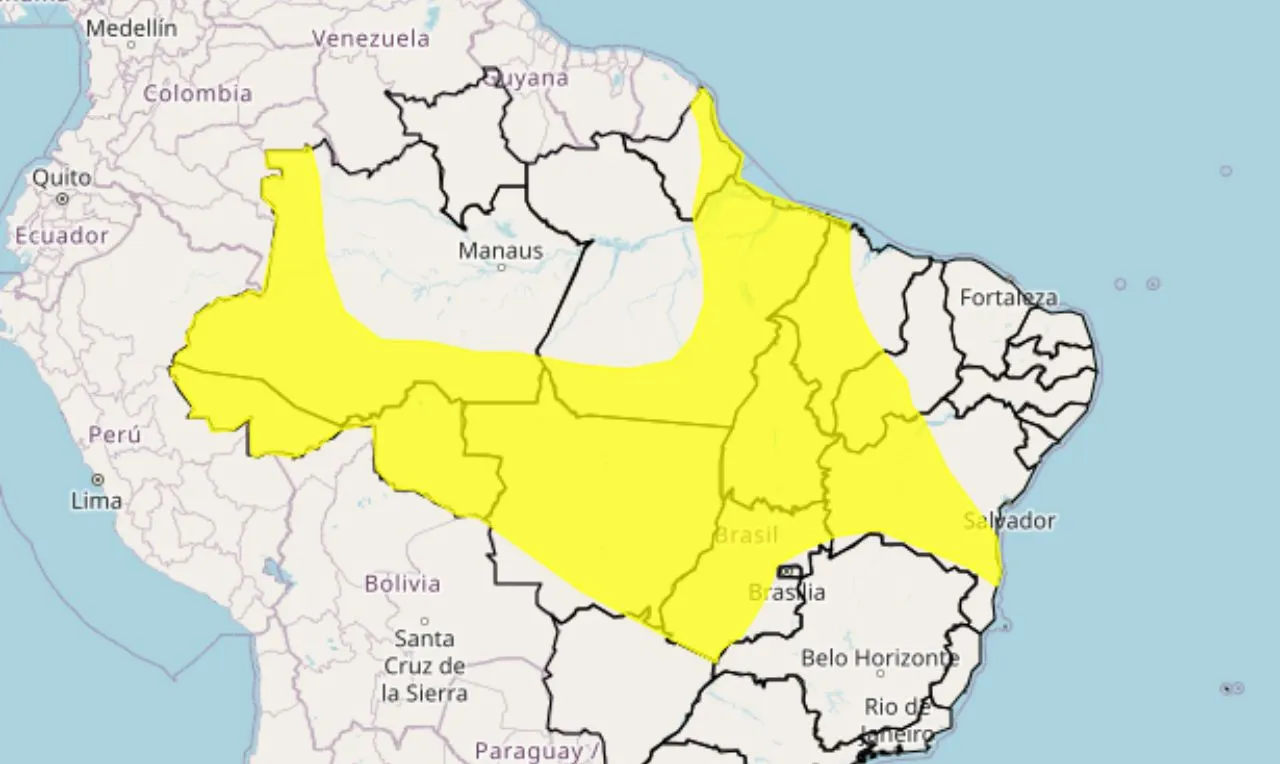 o mapa mostra as áreas em alerta para chuva intensa
